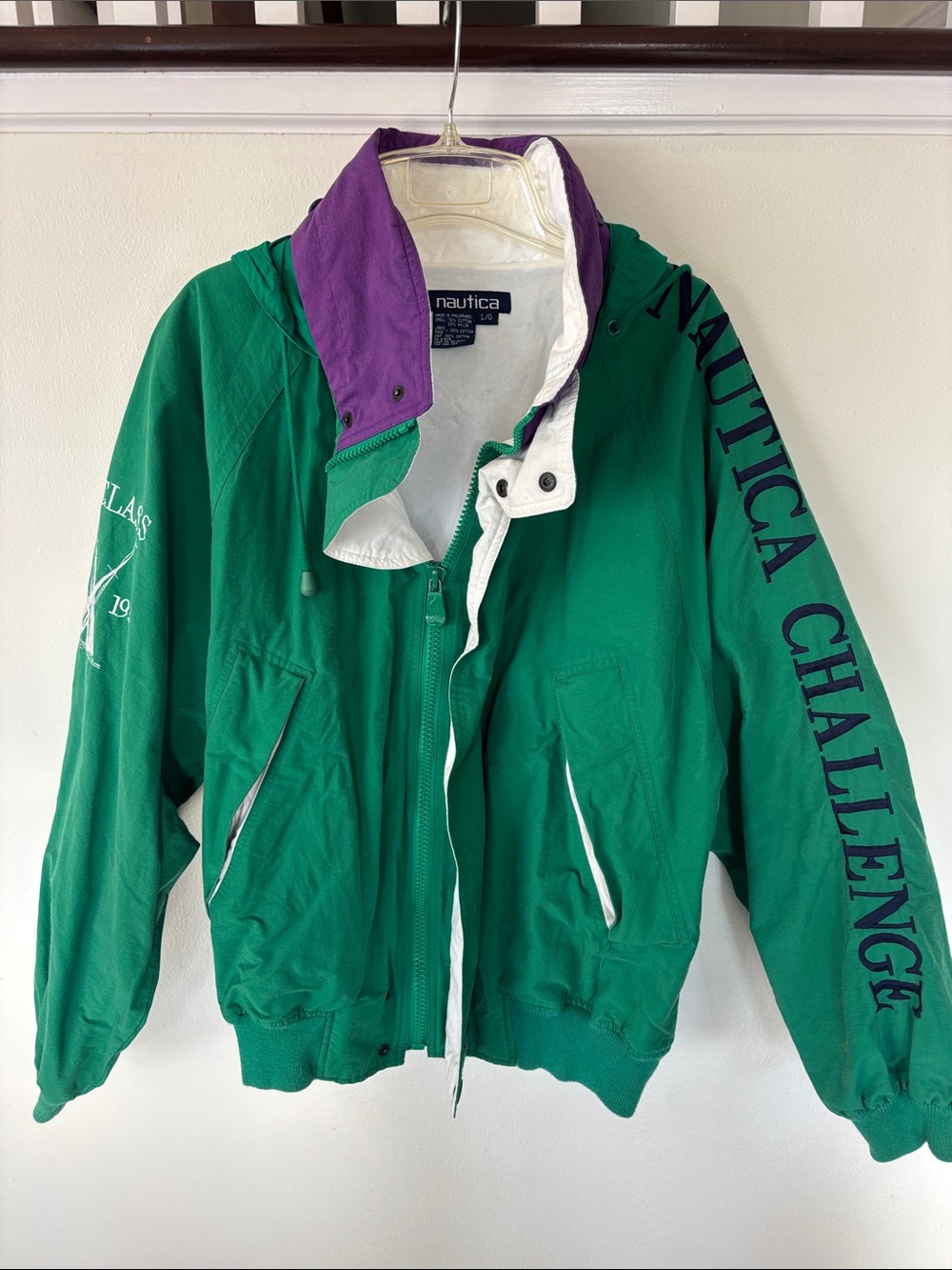 Vintage 90s Nautica Green Hooded Bomber Jacket with Purple Trim
